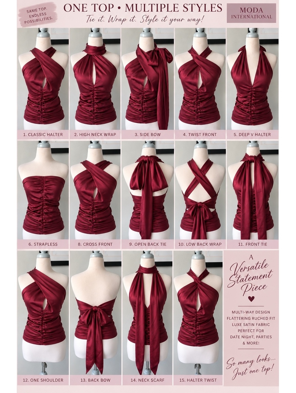 Moda International Burgundy Silk Convertible Halter Top – XS